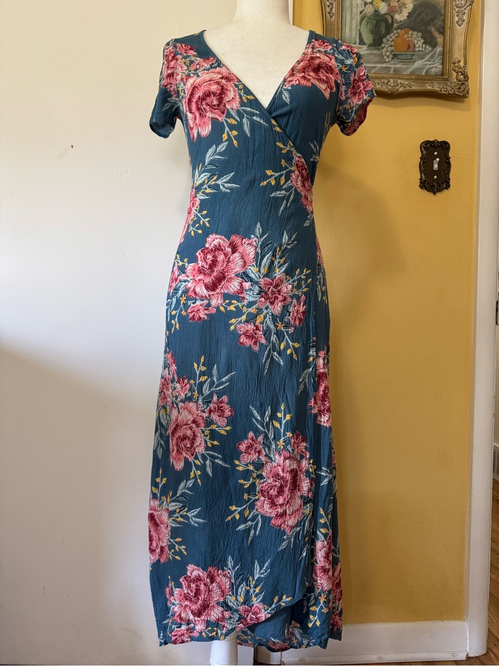 Billabong Teal Maxi Wrap Dress with Pink Floral Print